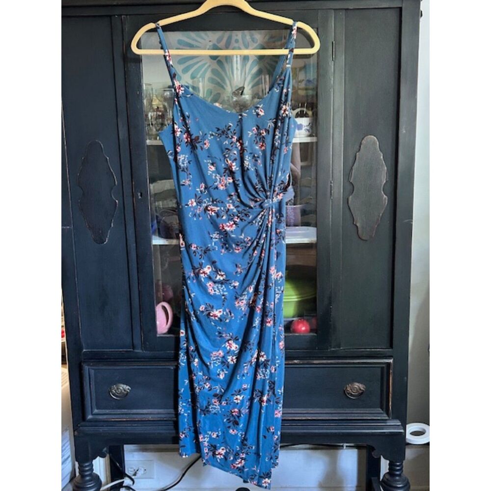 Nina Britton Blue Floral Ruched Side Gathered Midi Dress - Size Large